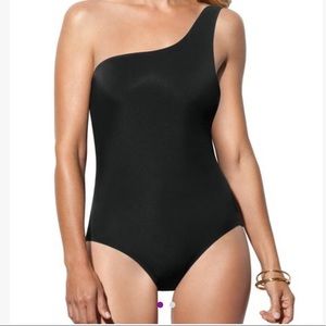 Spanx one shoulder black one piece swim suit